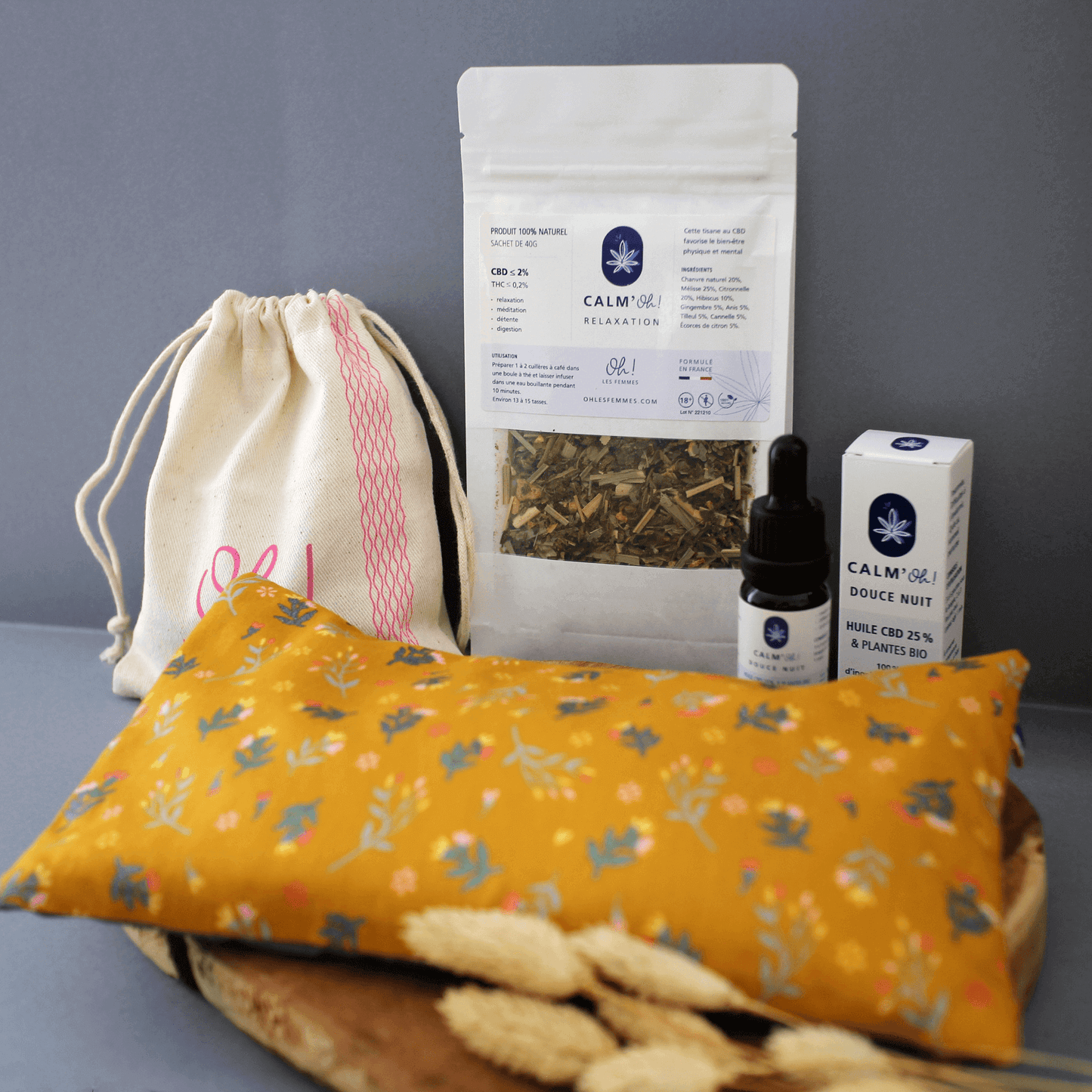 pack_sos_sommeil : huile, tisane et bouillotte moutarde aux graines de lin