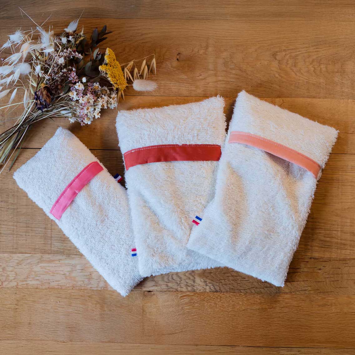 Bouillotte sèche aux graines de lin trio coloris saumon caramel et rose