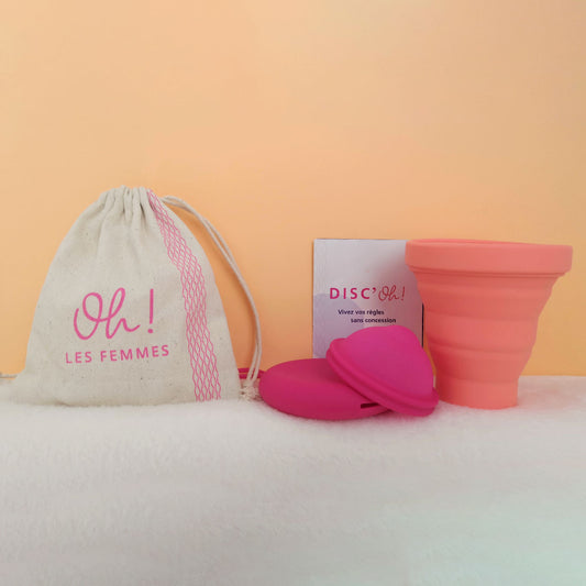 Pack découverte disque menstruel discoh coloris fushia taille S comprend le disque, la pochette de rangement en silicone, le gobelet stérilisateur et le pochon en coton