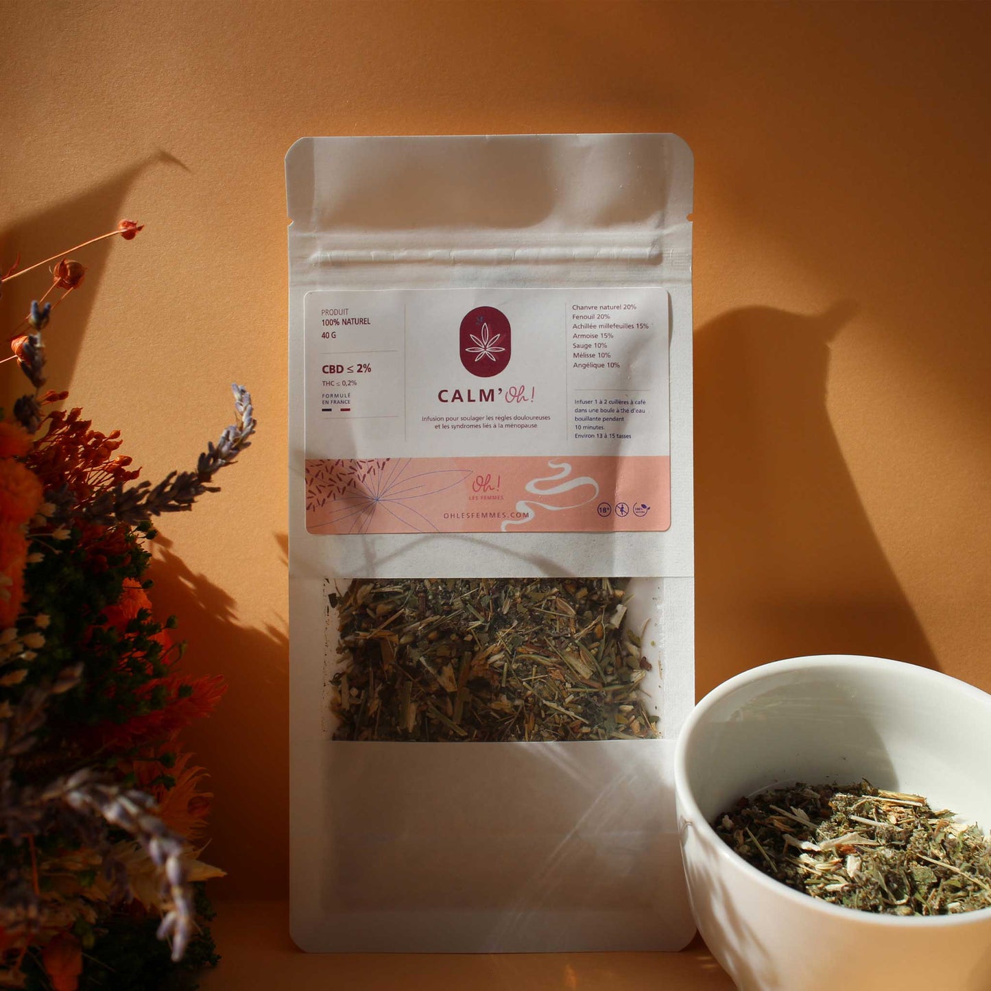 Tisane calm'Oh CBD 20% pour soulager les règles douloureuses et les syndromes de la ménopause. Paquet 40 gr