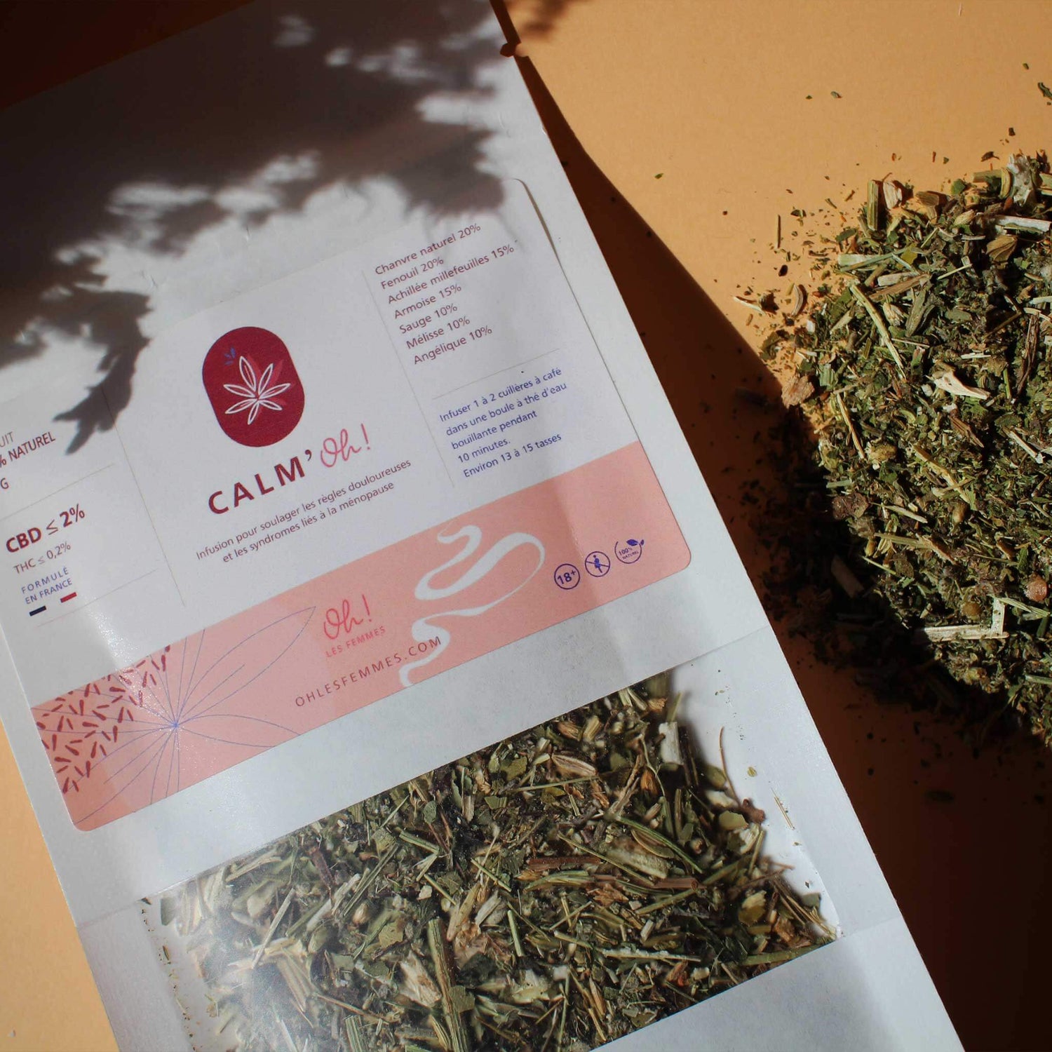 oh les femmes Tisane calm'Oh CBD 20% pour soulager les règles douloureuses et les syndromes de la ménopause. Paquet 40 gr